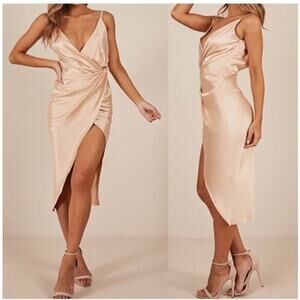 SHOWPO. Yas Queen Midi Dress in Beige Satin, Size 14